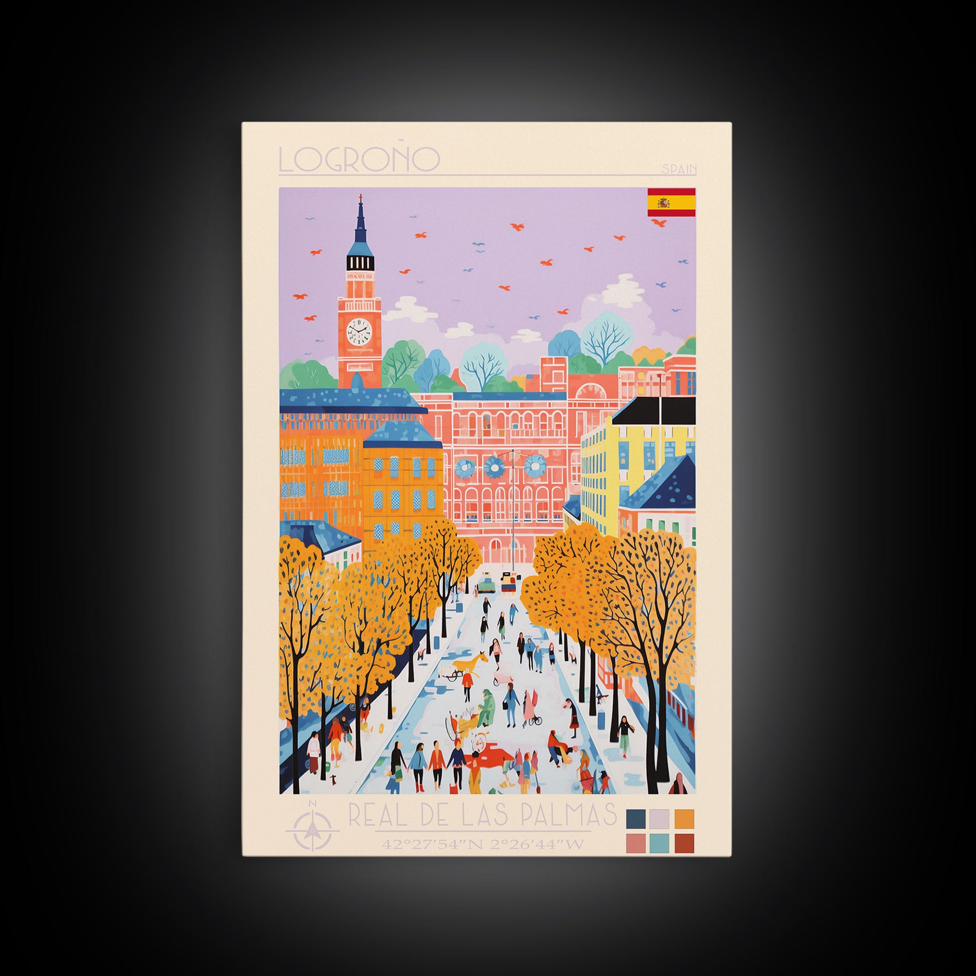 Logroño Spain Travel Poster Framed Canvas Print, Midcentury Modern Art, Pop Art Wall Decor, Scenic Art, Bedroom and Living Room Decor