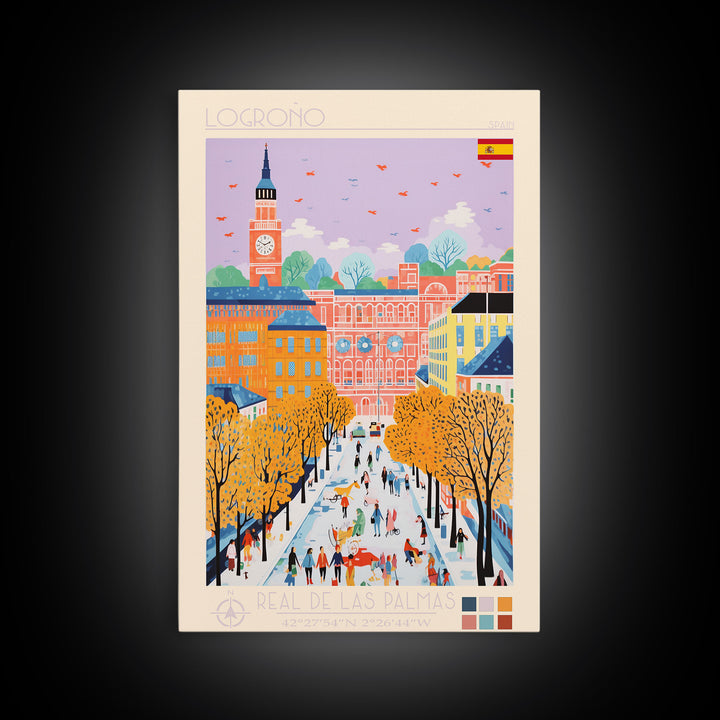 Logroño Spain Travel Poster Framed Canvas Print, Midcentury Modern Art, Pop Art Wall Decor, Scenic Art, Bedroom and Living Room Decor
