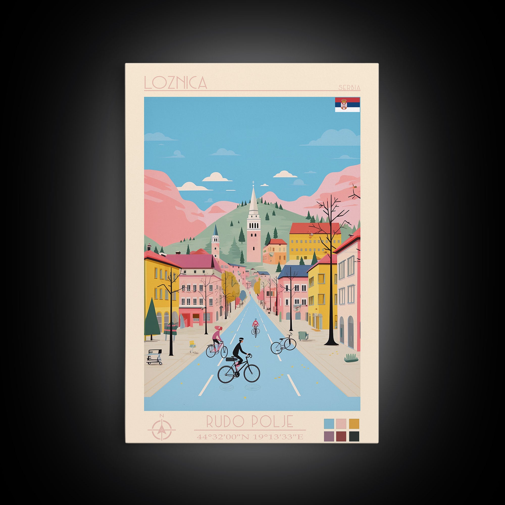 Loznica Serbia Travel Poster Framed Canvas Print, Midcentury Modern Art, Pop Art Wall Decor, Scenic Art, Home and Office Decoration