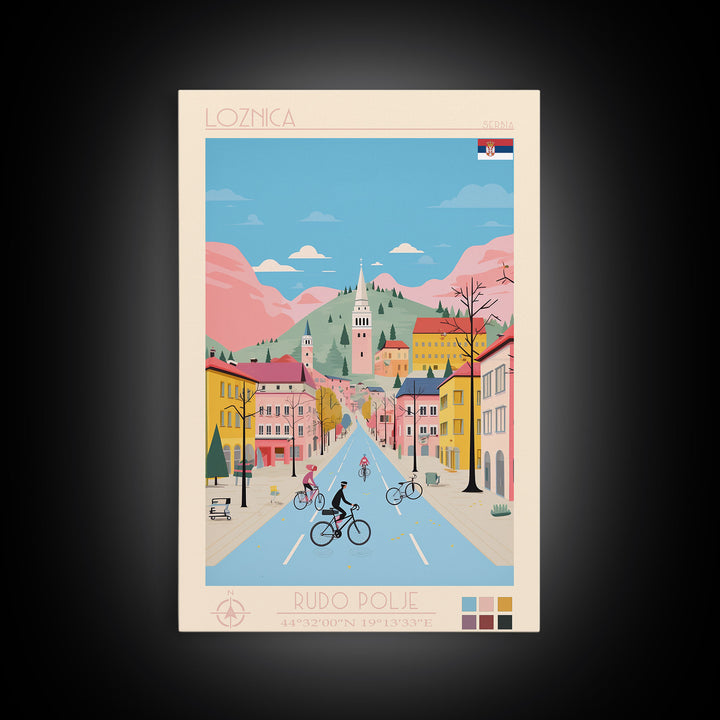 Loznica Serbia Travel Poster Framed Canvas Print, Midcentury Modern Art, Pop Art Wall Decor, Scenic Art, Home and Office Decoration