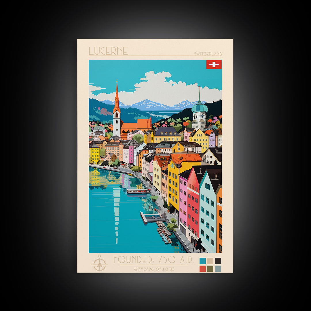 Lucerne Switzerland Travel Poster Framed Canvas Print, Midcentury Modern Art, Pop Art Wall Decor, Scenic Art, Living Room and Office Gift