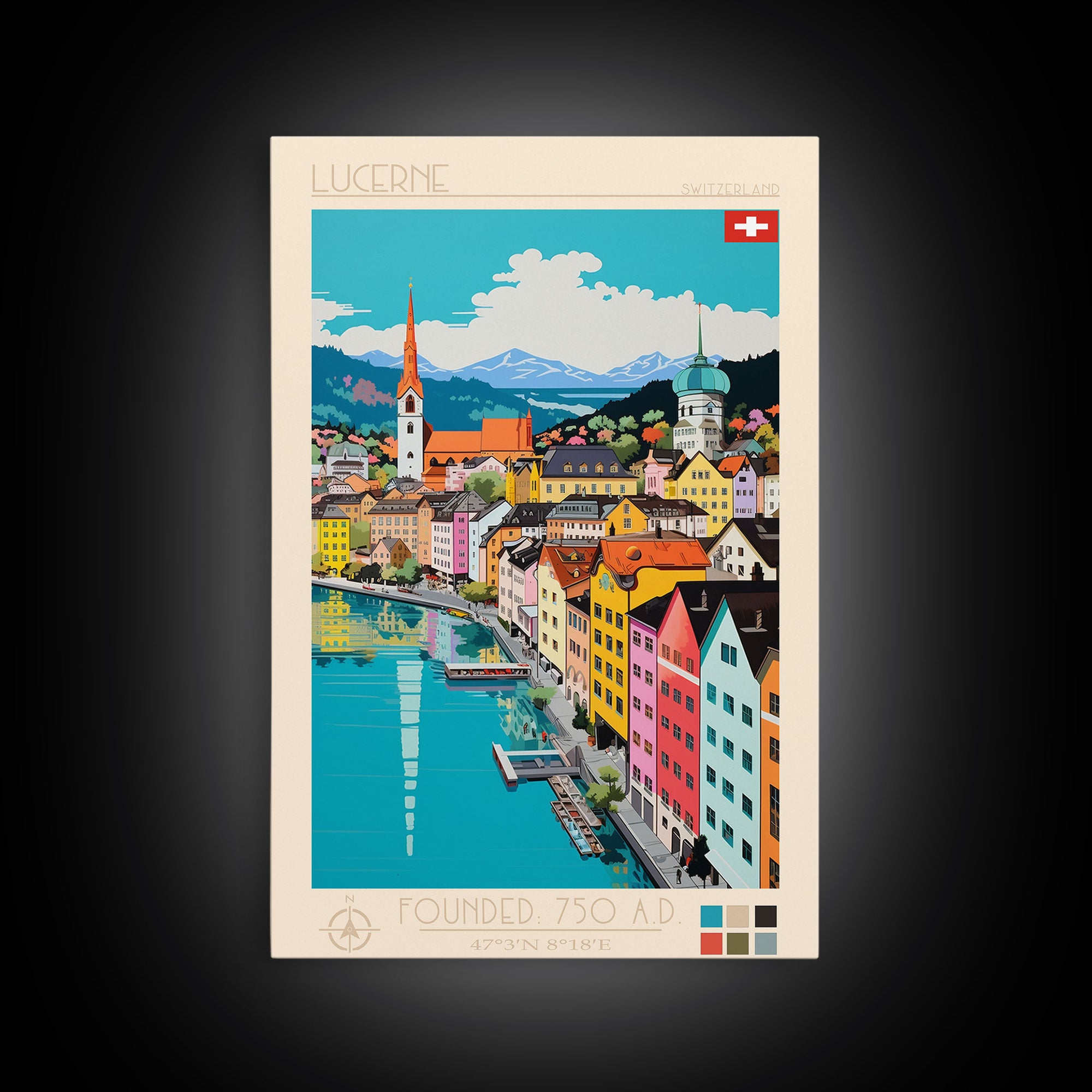 Lucerne Switzerland Travel Poster Framed Canvas Print, Midcentury Modern Art, Pop Art Wall Decor, Scenic Art, Living Room and Office Gift