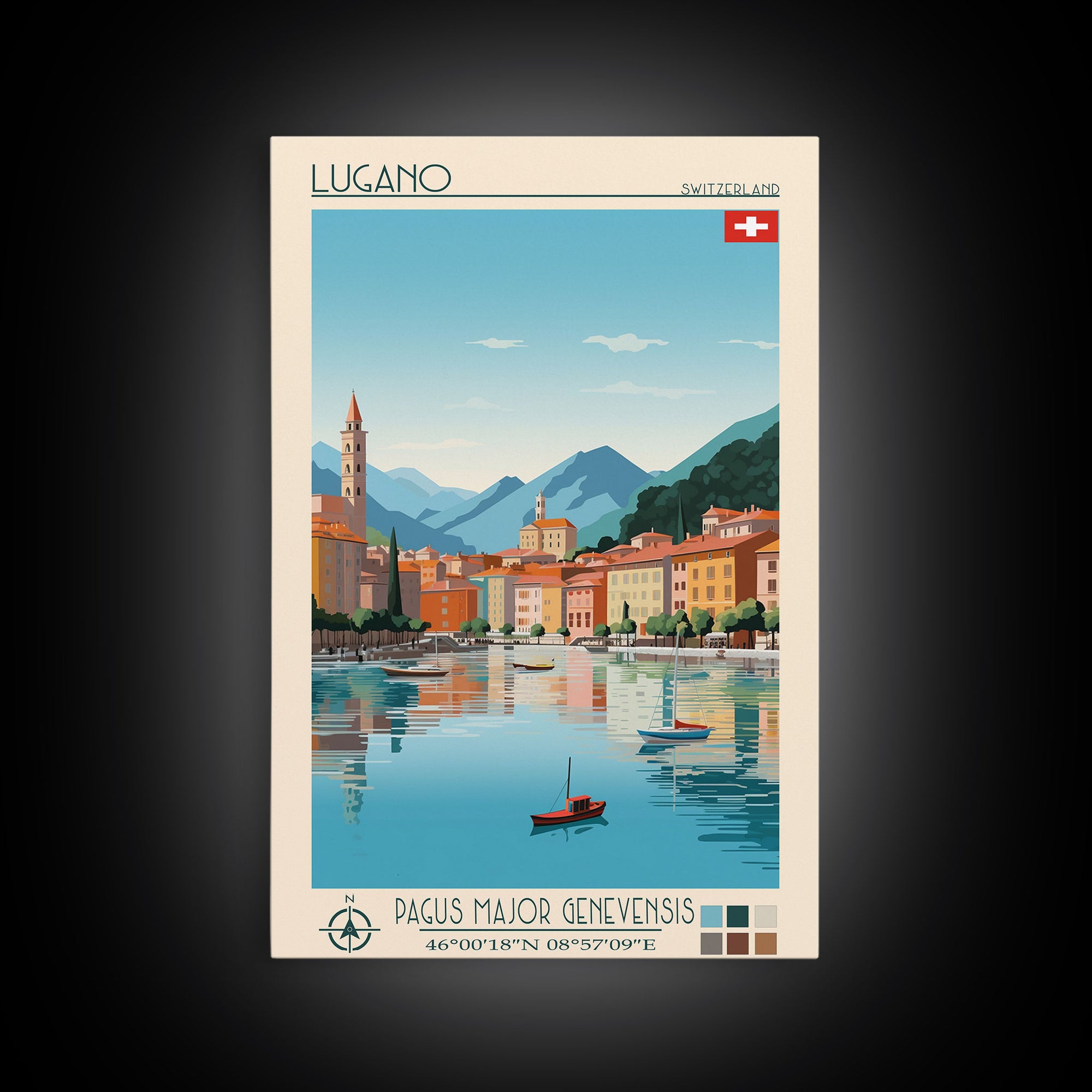 Lugano Switzerland Travel Poster Framed Canvas Print, Midcentury Modern Art, Pop Art Wall Decor, Scenic Art, Bedroom and Living Room Decor