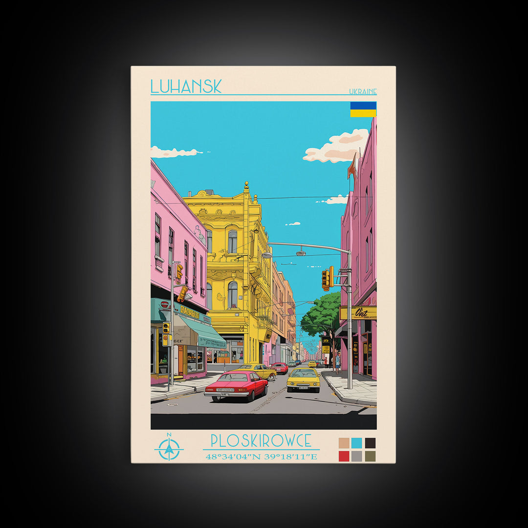 Luhansk Ukraine Travel Poster Framed Canvas Print, Wall Decor, Midcentury Modern Art, Pop Art, Scenic Art for Bedroom and Office