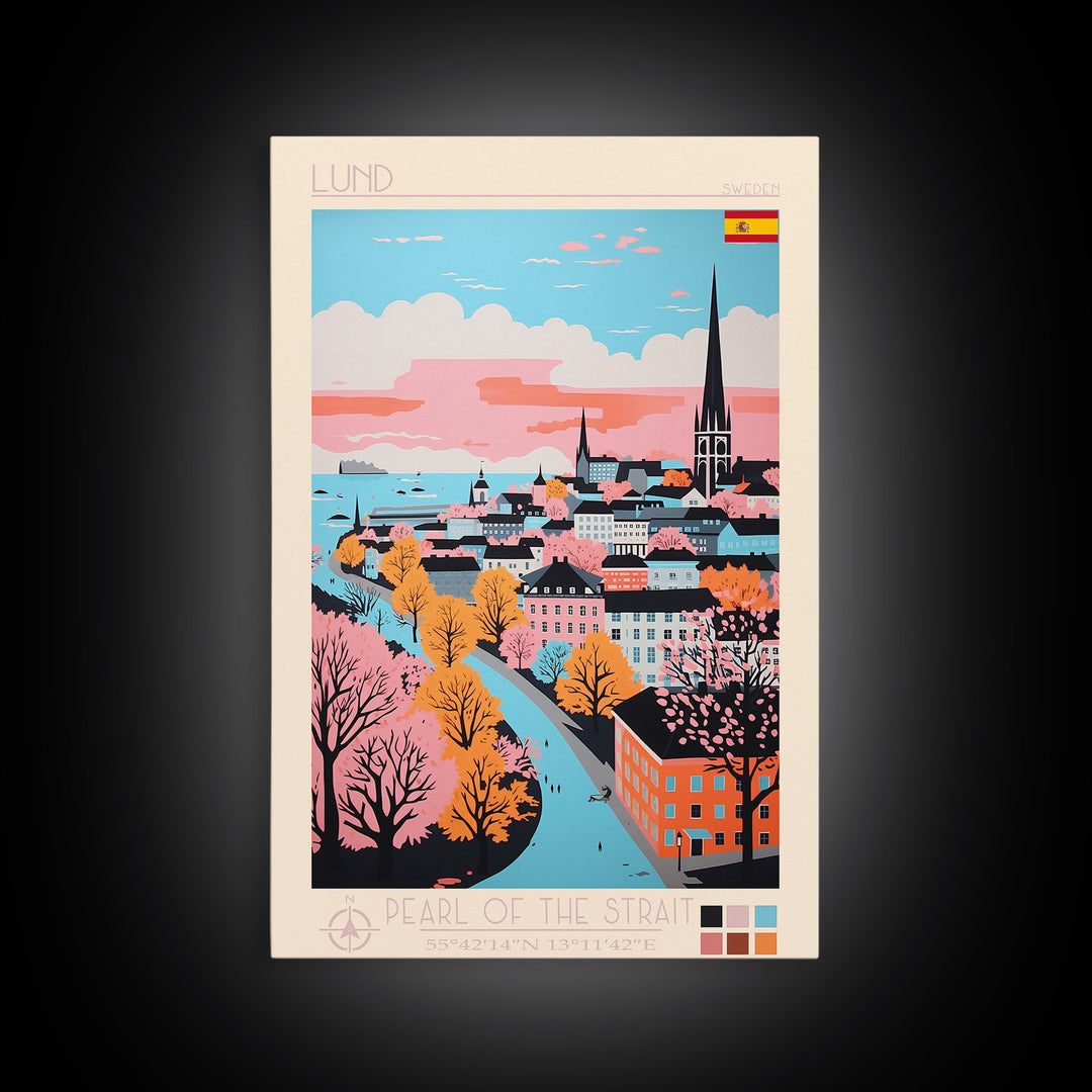 Lund Sweden Travel Poster Framed Canvas Print, Midcentury Modern Art, Pop Art Wall Decor, Scenic Art, Home and Office Decoration