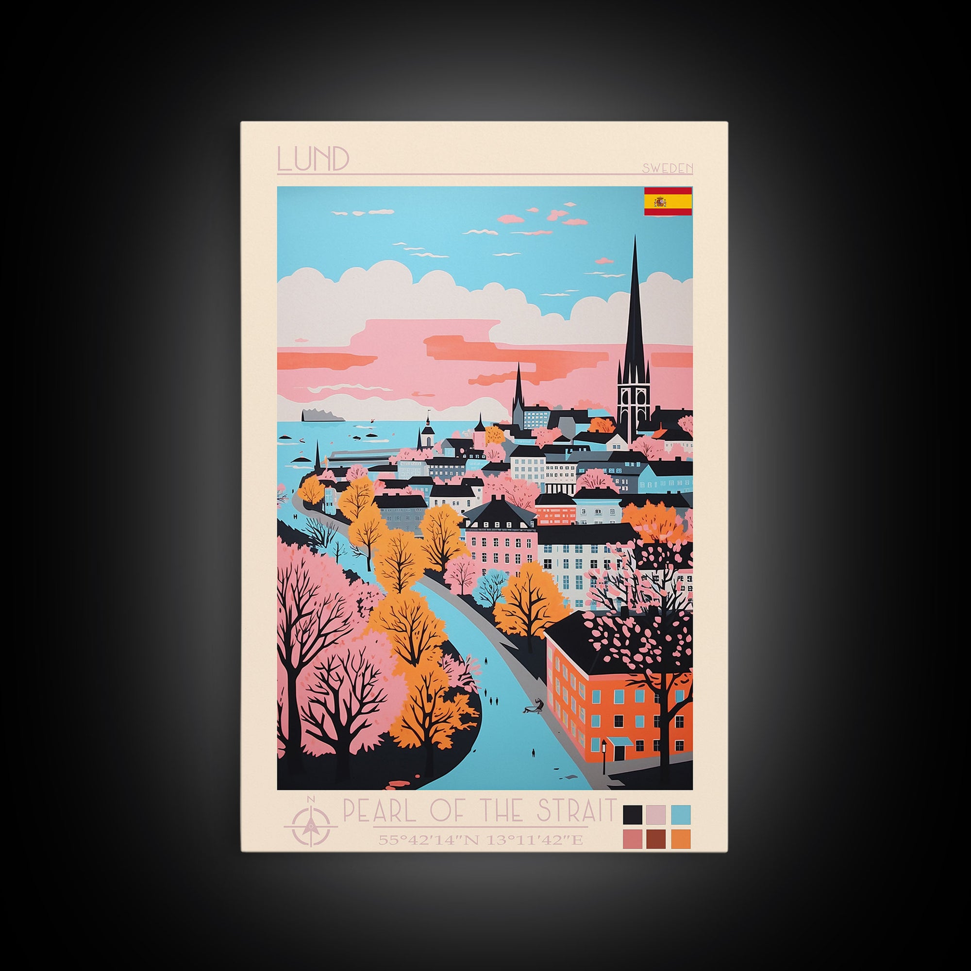 Lund Sweden Travel Poster Framed Canvas Print, Midcentury Modern Art, Pop Art Wall Decor, Scenic Art, Home and Office Decoration