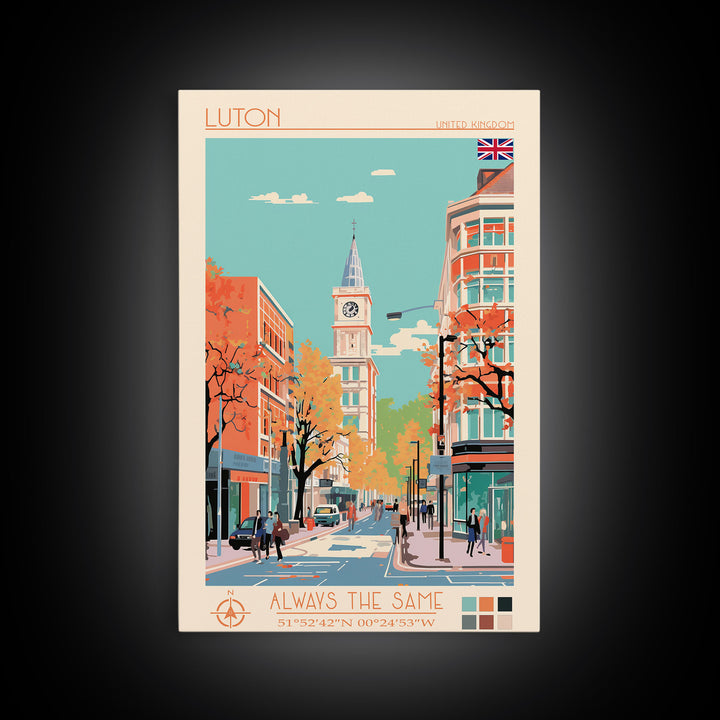 Luton United Kingdom Travel Poster Framed Canvas Print, Wall Decor, Midcentury Modern Art, Pop Art, Scenic Art for Living Room and Office