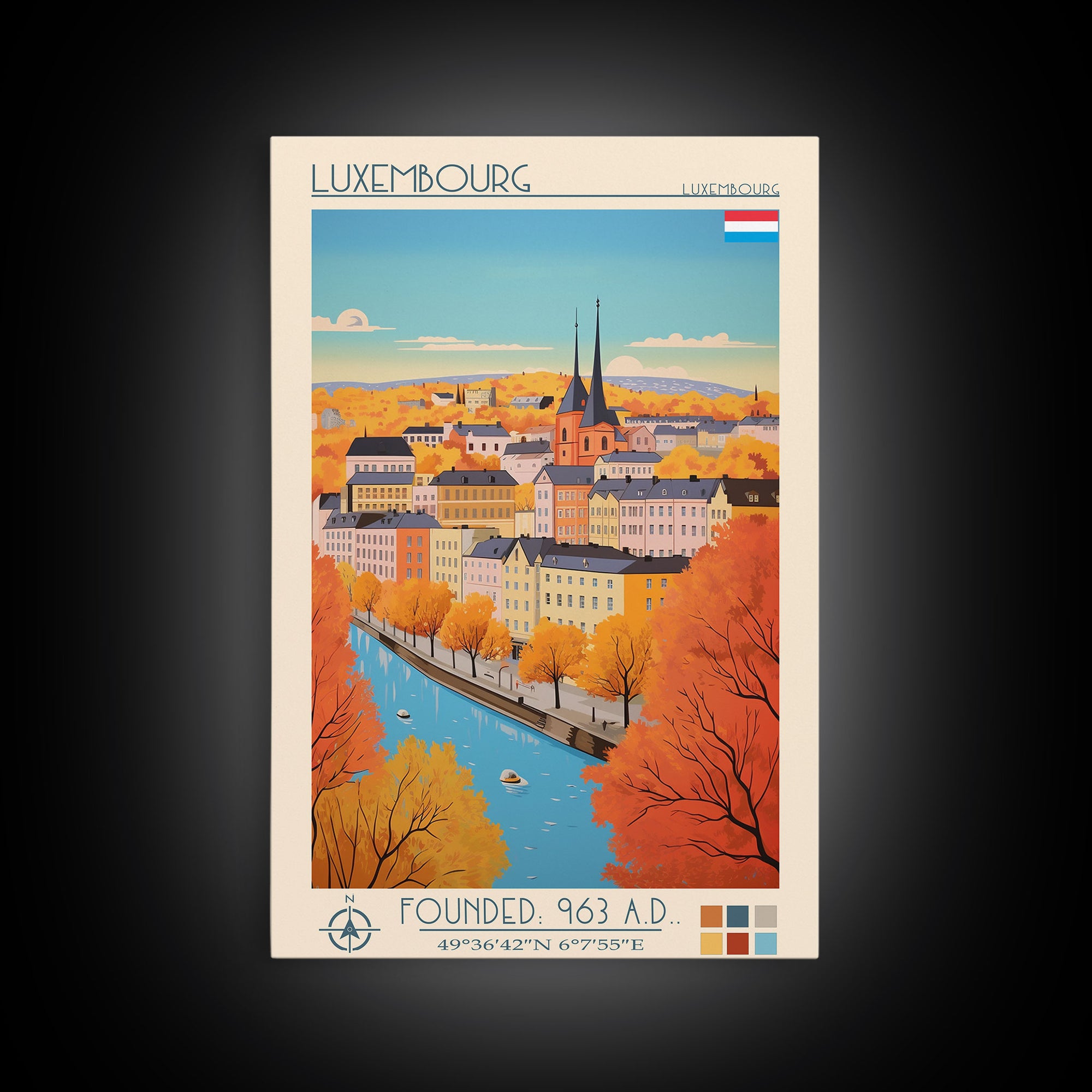 Luxembourg Luxembourg Travel Poster Framed Canvas Print, Midcentury Modern Art, Pop Art Wall Decor, Scenic Art, Bedroom and Living Room Decor