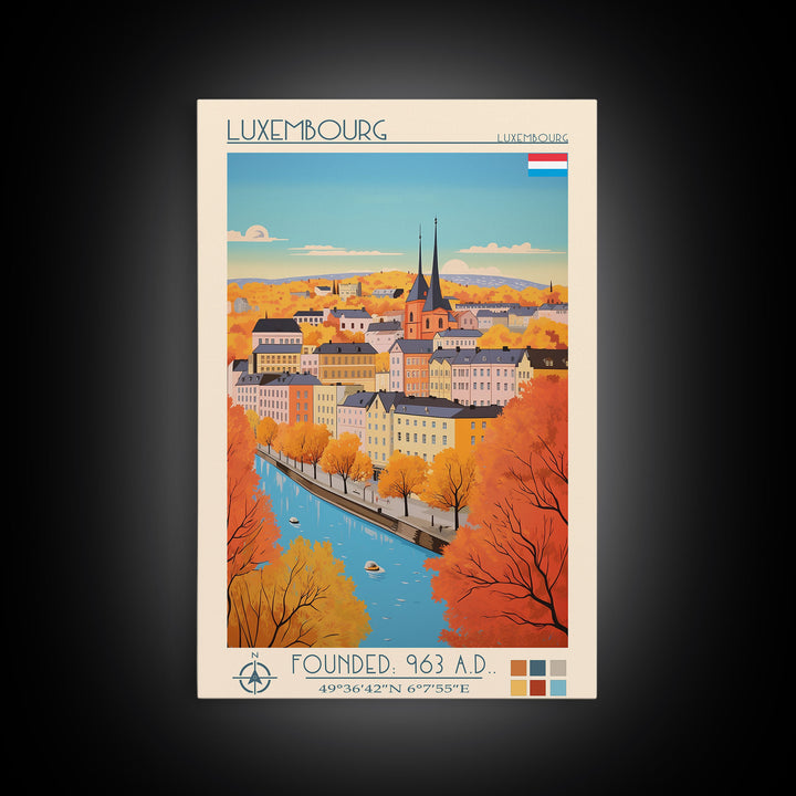 Luxembourg Luxembourg Travel Poster Framed Canvas Print, Midcentury Modern Art, Pop Art Wall Decor, Scenic Art, Bedroom and Living Room Decor