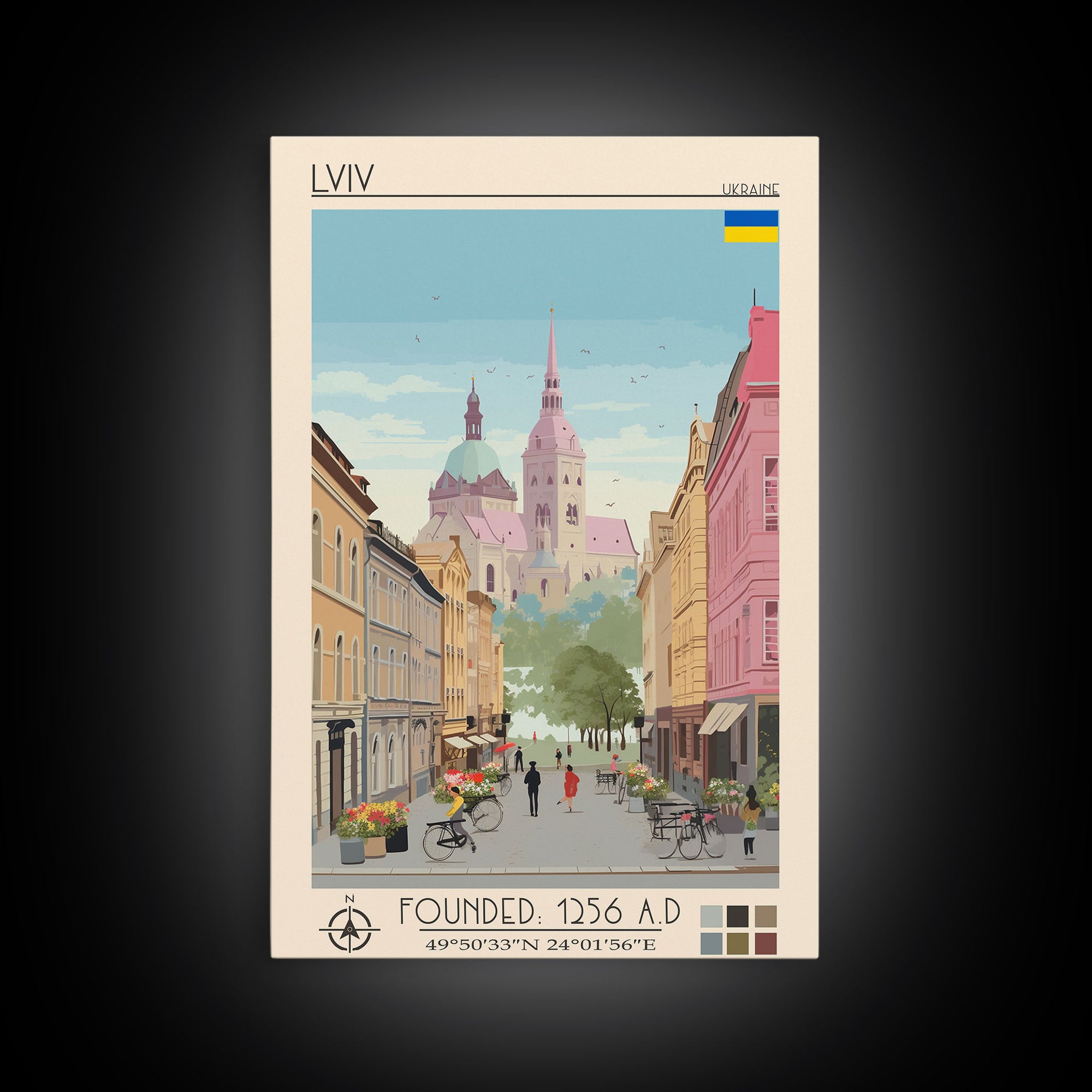 Lviv Ukraine Travel Poster Framed Canvas Print, Wall Decor, Midcentury Modern Art, Pop Art, Scenic Art for Home and Office