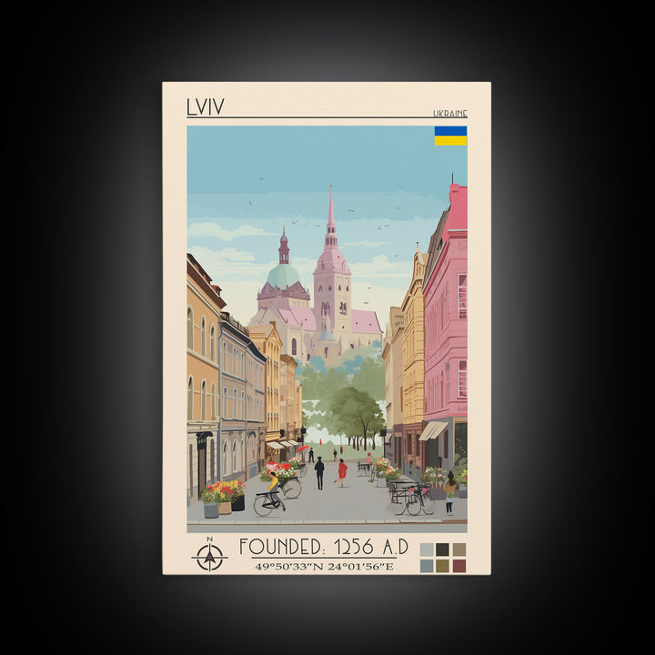 Lviv Ukraine Travel Poster Framed Canvas Print, Wall Decor, Midcentury Modern Art, Pop Art, Scenic Art for Home and Office