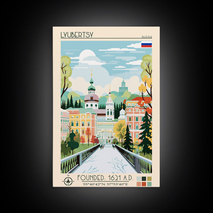 Lyubertsy Russia Travel Poster Framed Canvas Print, Midcentury Modern Art, Pop Art Wall Decor, Scenic Living Room Art, Bedroom Decor