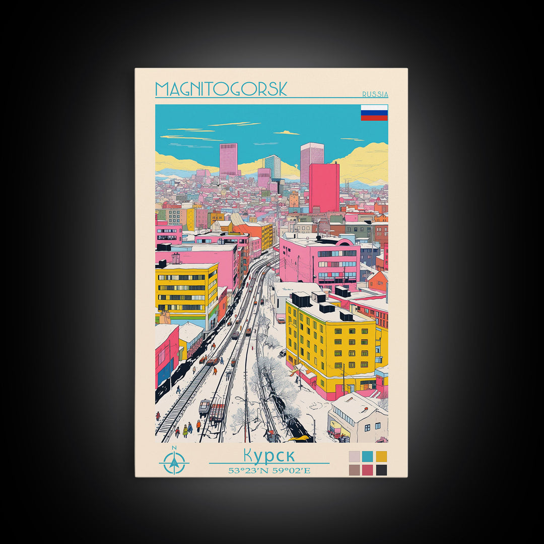 Magnitogorsk Russia Travel Poster Framed Canvas Print, Midcentury Modern Art, Pop Art Wall Decor, Scenic Living Room Art, Bedroom Gift