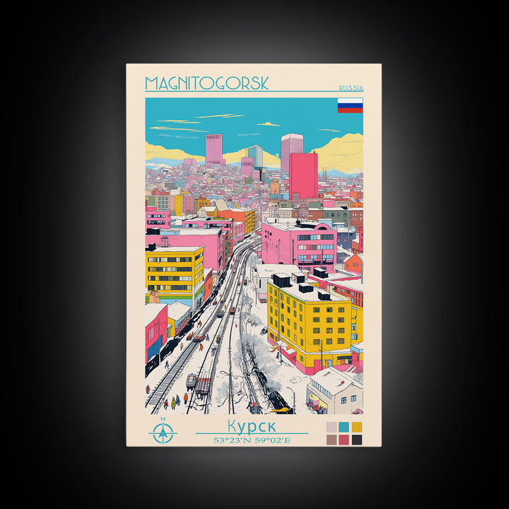 Magnitogorsk Russia Travel Poster Framed Canvas Print, Midcentury Modern Art, Pop Art Wall Decor, Scenic Living Room Art, Bedroom Gift