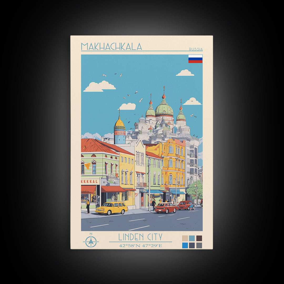 Makhachkala Russia Travel Poster Framed Canvas Print, Midcentury Modern Art, Pop Art Wall Decor, Scenic Wall Art, Living Room Decoration, Office Art