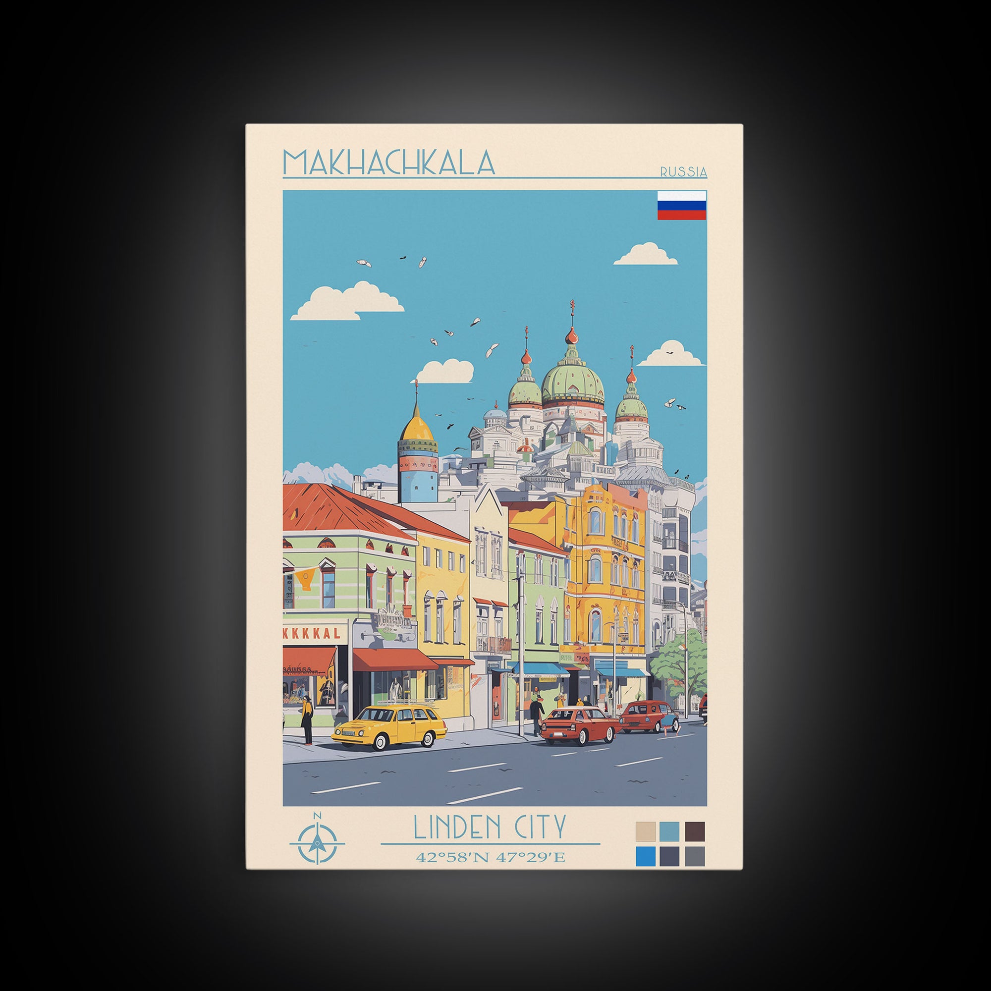 Makhachkala Russia Travel Poster Framed Canvas Print, Midcentury Modern Art, Pop Art Wall Decor, Scenic Wall Art, Living Room Decoration, Office Art
