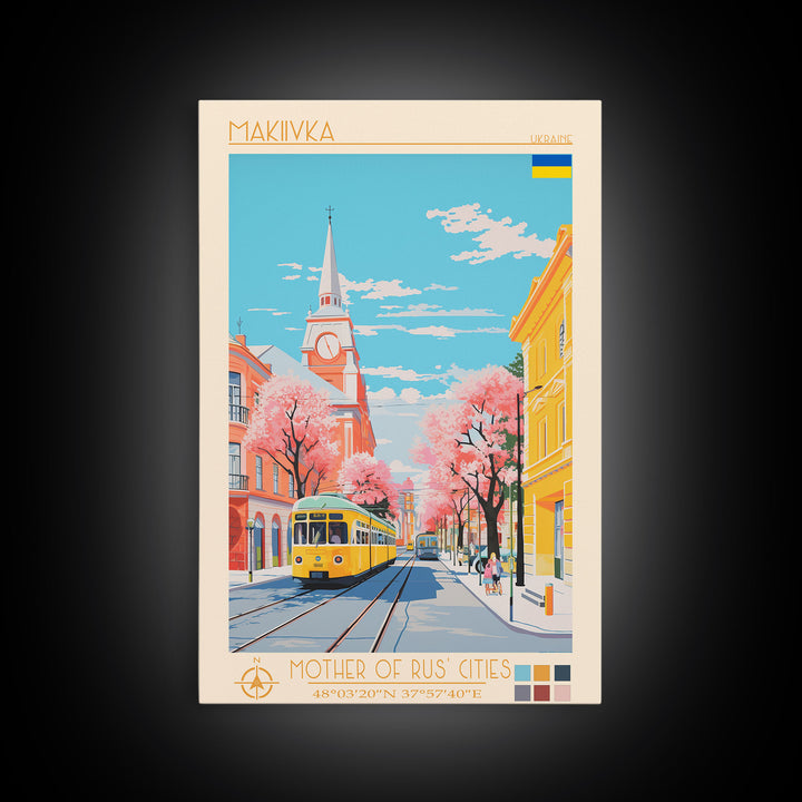 Makiivka Ukraine Travel Poster Framed Canvas Print, Midcentury Modern Art, Pop Art Wall Decor, Home Decor, Vacation Gift, Bedroom Art