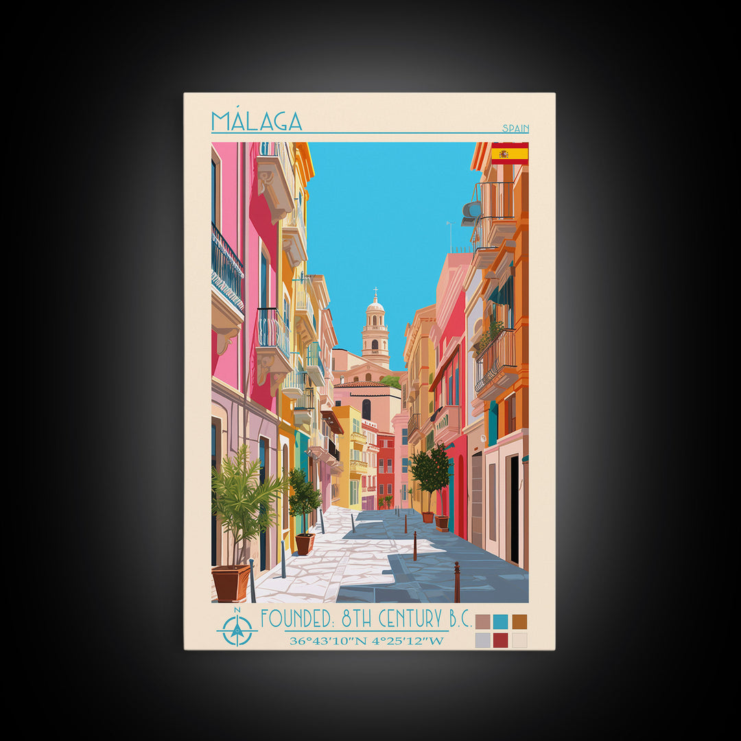 Málaga Spain Travel Poster Framed Canvas Print, Vintage Style, Pop Art Home Decor, Scenic Wall Art, Bedroom Decoration, Office Gift