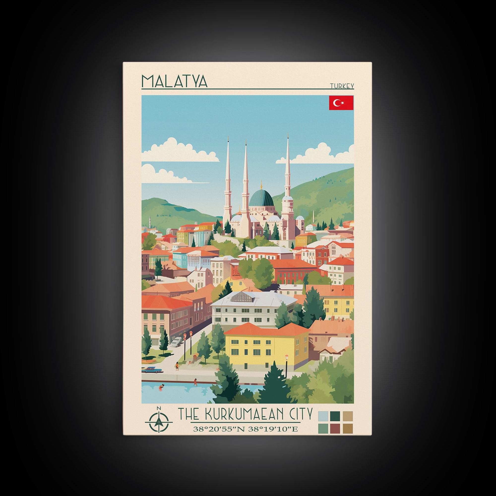 Malatya Turkey Travel Poster Framed Canvas Print, Midcentury Modern Art, Pop Art Wall Decor, Scenic Wall Art, Living Room Decoration, Office Gift