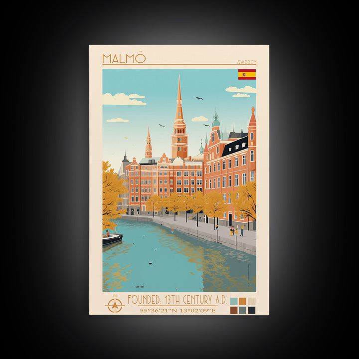 Malmö Sweden Travel Poster Framed Canvas Print, Midcentury Modern Art, Pop Art Wall Decor, Scenic Wall Art, Bedroom Decoration