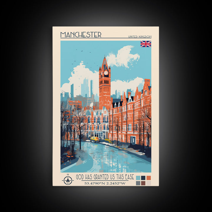 Manchester United Kingdom Travel Poster Framed Canvas Print, Midcentury Modern Art, Pop Art Wall Decor, Scenic Wall Art, Living Room Decoration, Office Art