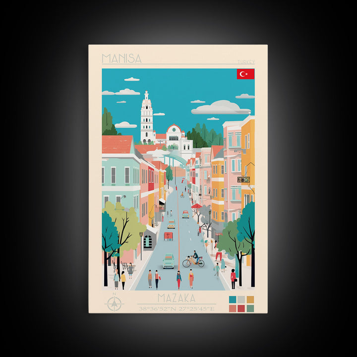 Manisa Turkey Travel Poster Framed Canvas Print, Midcentury Modern Art, Pop Art Wall Decor, Scenic Bedroom Art, Office Decoration