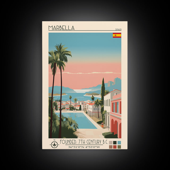 Marbella Spain Travel Poster Framed Canvas Print, Midcentury Modern Art, Pop Art Wall Decor, Scenic Living Room Art, Bedroom Decor