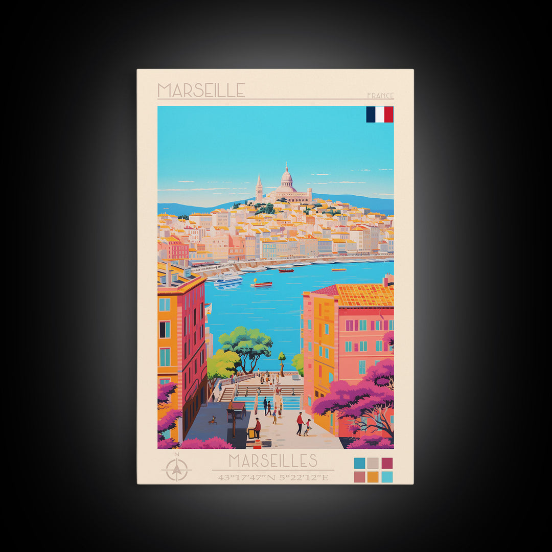 Marseille France Travel Poster Framed Canvas Print, Midcentury Modern Art, Pop Art Wall Decor, Scenic Living Room Art, Bedroom Gift