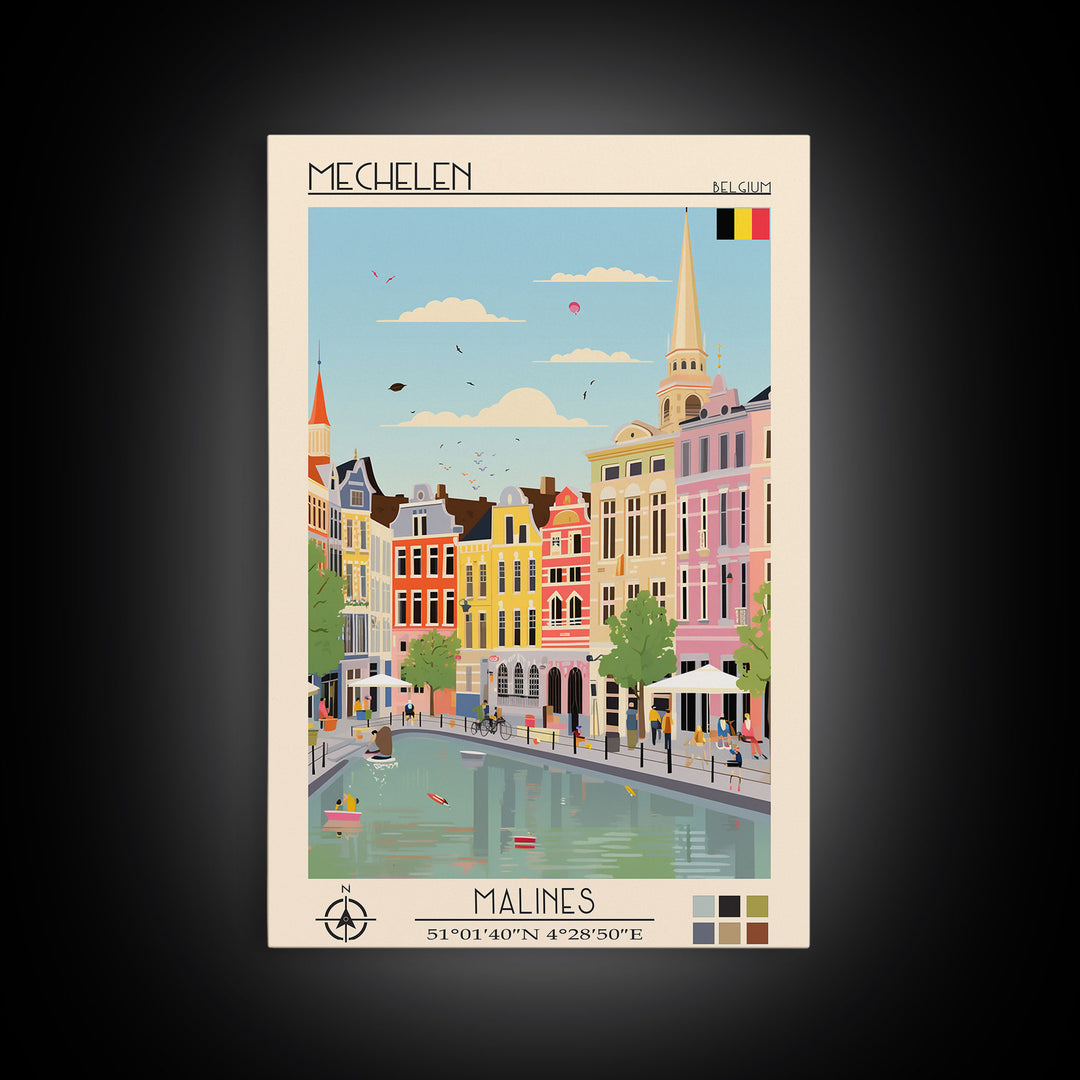 Mechelen Belgium Travel Poster Framed Canvas Print, Midcentury Modern Art, Pop Art Wall Decor, Home Decor, Vacation Gift, Bedroom Art