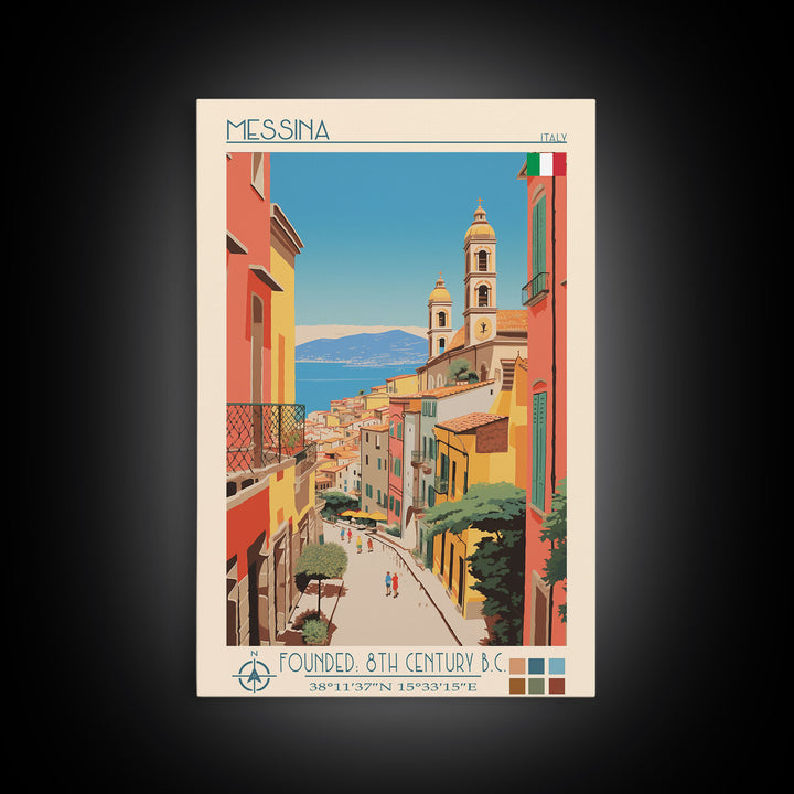 Messina Italy Travel Poster Framed Canvas Print, Midcentury Modern Art, Pop Art Wall Decor, Scenic Wall Art, Bedroom Decoration