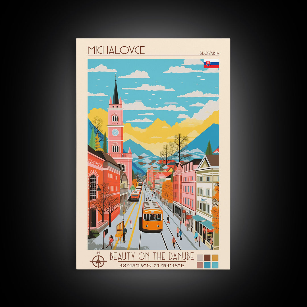 Michalovce Slovakia Travel Poster Framed Canvas Print, Midcentury Modern Art, Pop Art Wall Decor, Scenic Wall Art, Living Room Decoration, Office Art