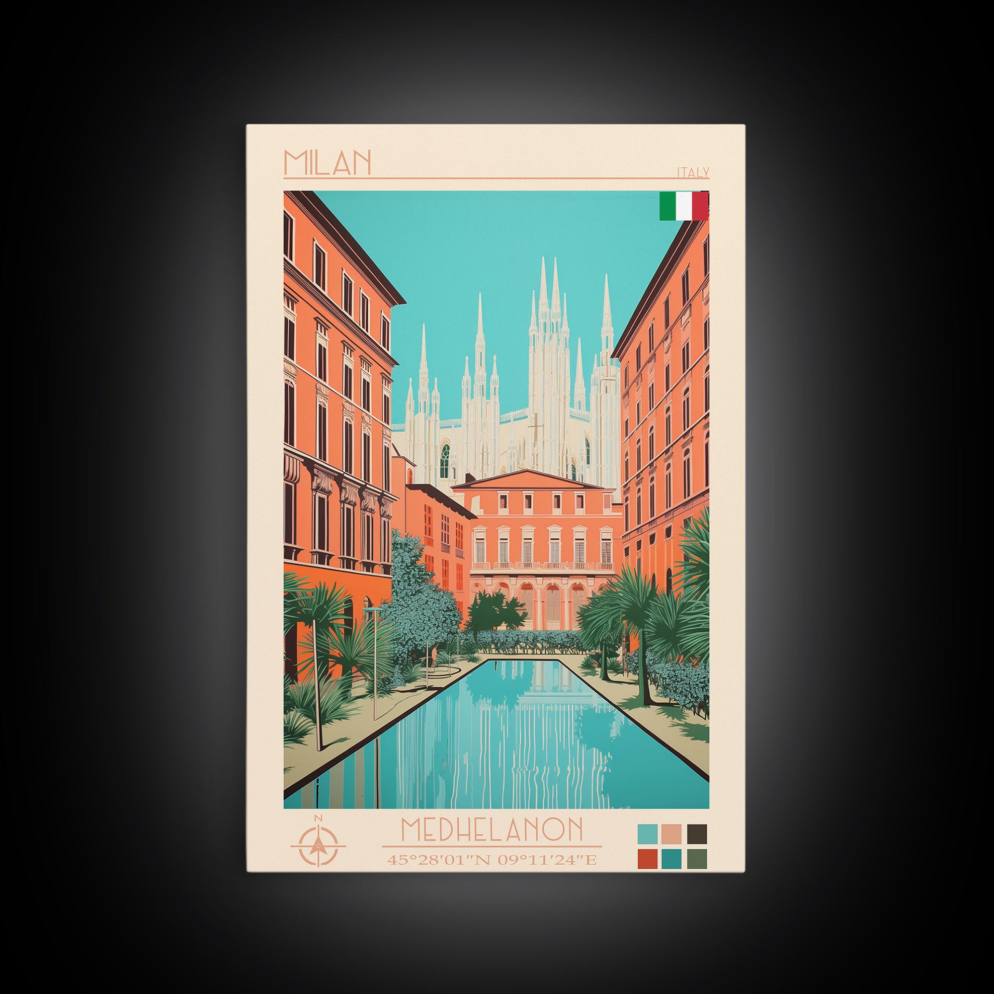 Milan Italy Travel Poster Framed Canvas Print, Midcentury Modern Art, Pop Art Wall Decor, Scenic Bedroom Art, Office Decoration