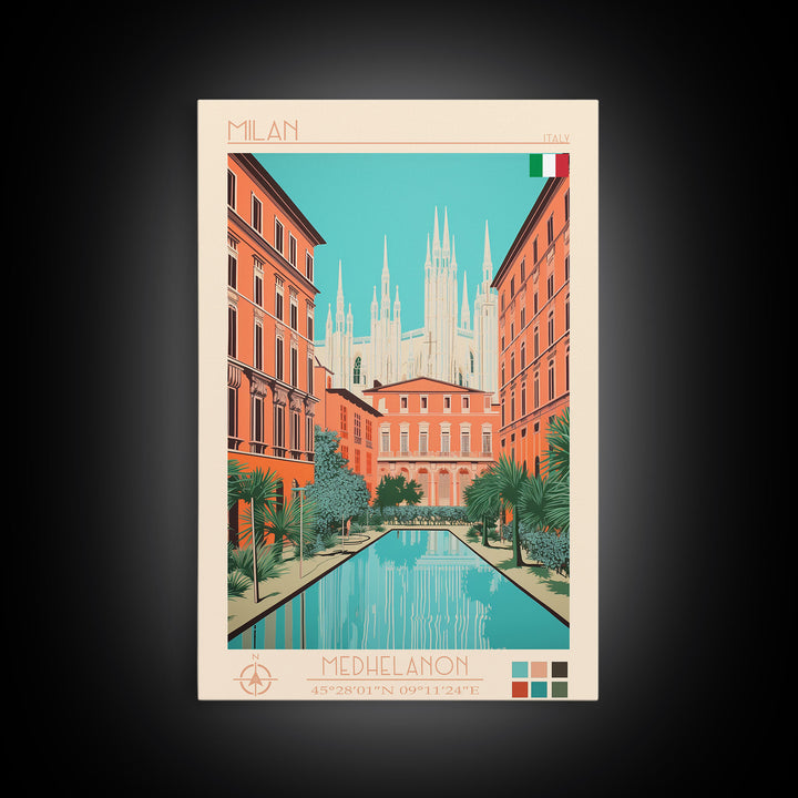 Milan Italy Travel Poster Framed Canvas Print, Midcentury Modern Art, Pop Art Wall Decor, Scenic Bedroom Art, Office Decoration