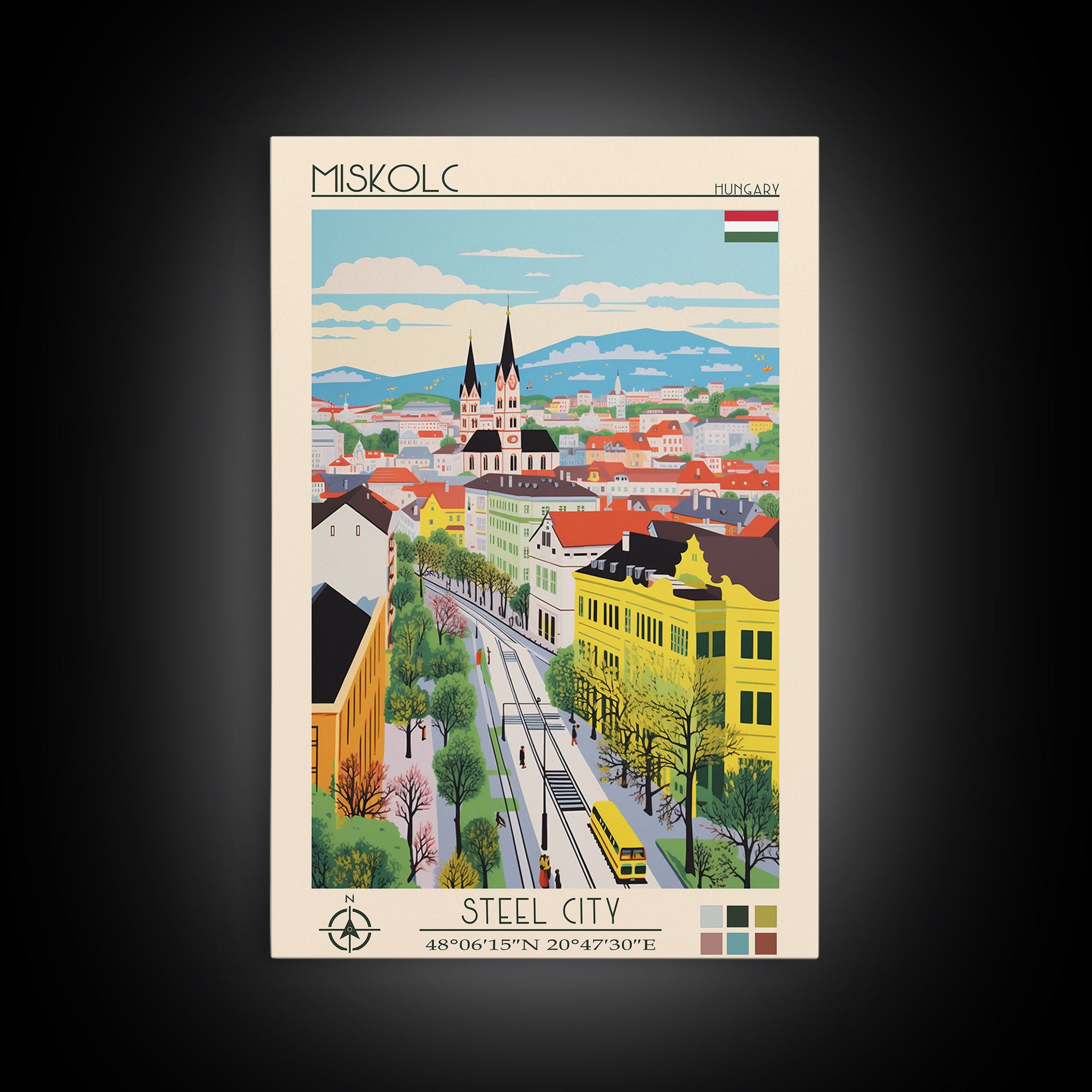 Miskolc Hungary Travel Poster Framed Canvas Print, Midcentury Modern Art, Pop Art Wall Decor, Scenic Living Room Art, Bedroom Decor
