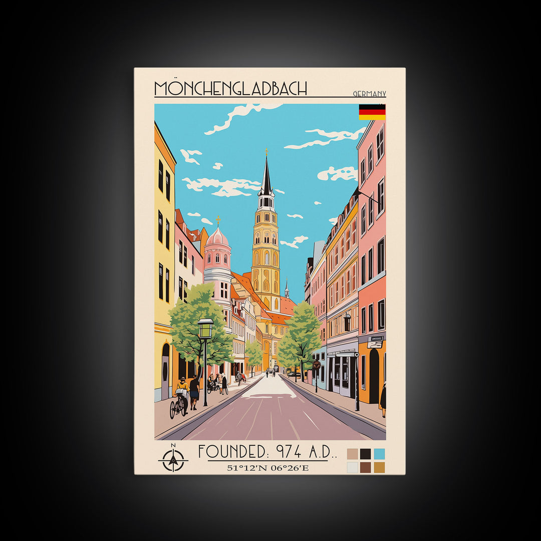 Mönchengladbach Germany Travel Poster Framed Canvas Print, Midcentury Modern Art, Pop Art Wall Decor, Scenic Living Room Art, Bedroom Gift