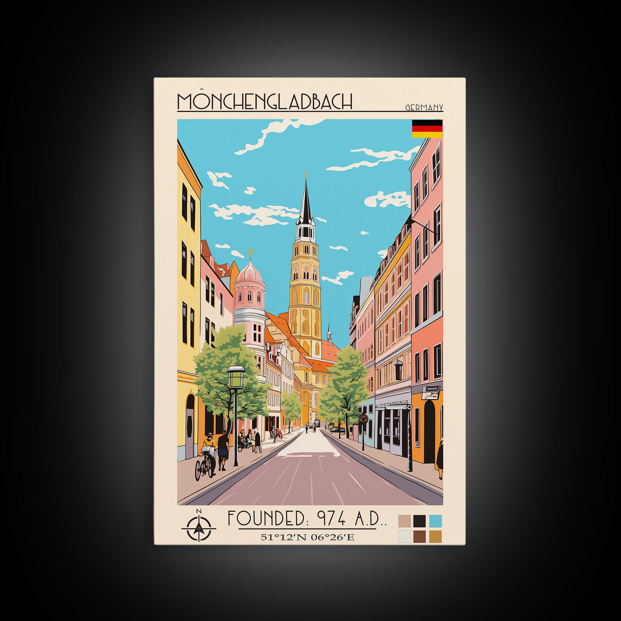 Mönchengladbach Germany Travel Poster Framed Canvas Print, Midcentury Modern Art, Pop Art Wall Decor, Scenic Living Room Art, Bedroom Gift