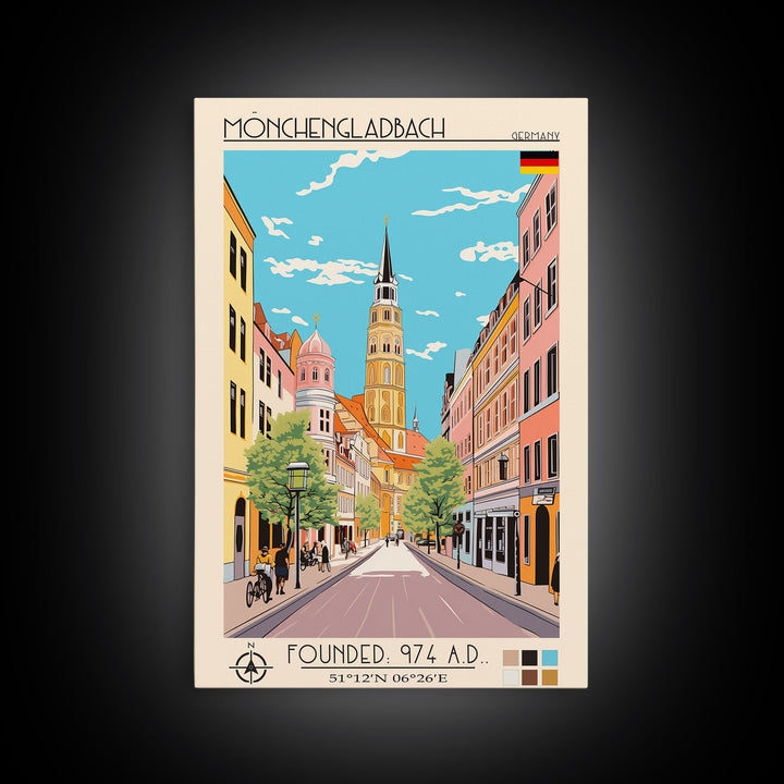 Mönchengladbach Germany Travel Poster Framed Canvas Print, Midcentury Modern Art, Pop Art Wall Decor, Scenic Living Room Art, Bedroom Gift