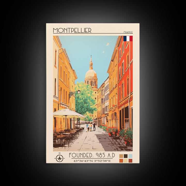 Montpellier France Travel Poster Framed Canvas Print, Midcentury Modern Art, Pop Art Wall Decor, Scenic Living Room Art, Bedroom Gift