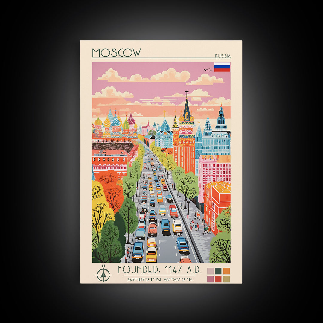 Moscow Russia Travel Poster Framed Canvas Print, Midcentury Modern Art, Pop Art Wall Decor, Scenic Wall Art, Living Room Decoration, Office Art