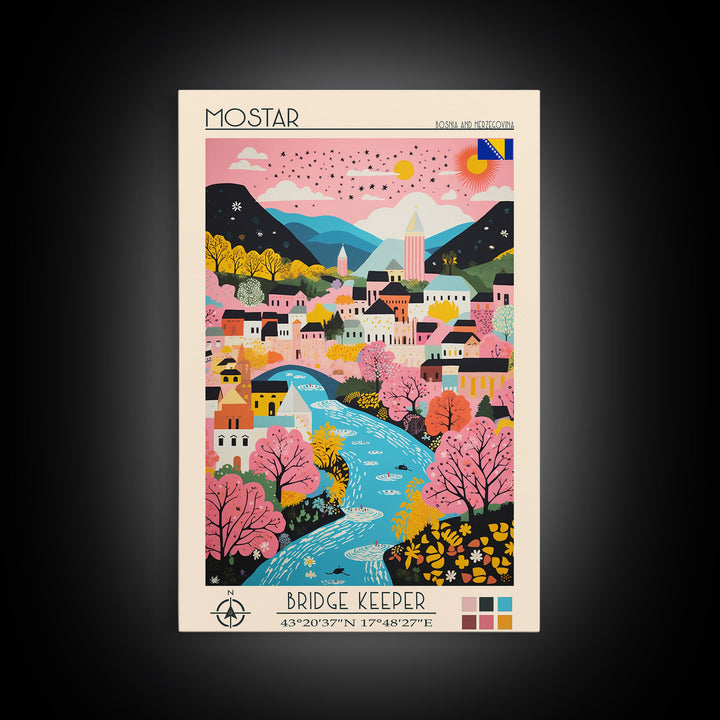 Mostar Bosnia and Herzegovina Travel Poster Framed Canvas Print, Midcentury Modern Art, Pop Art Wall Decor, Home Decor, Vacation Gift, Bedroom Art