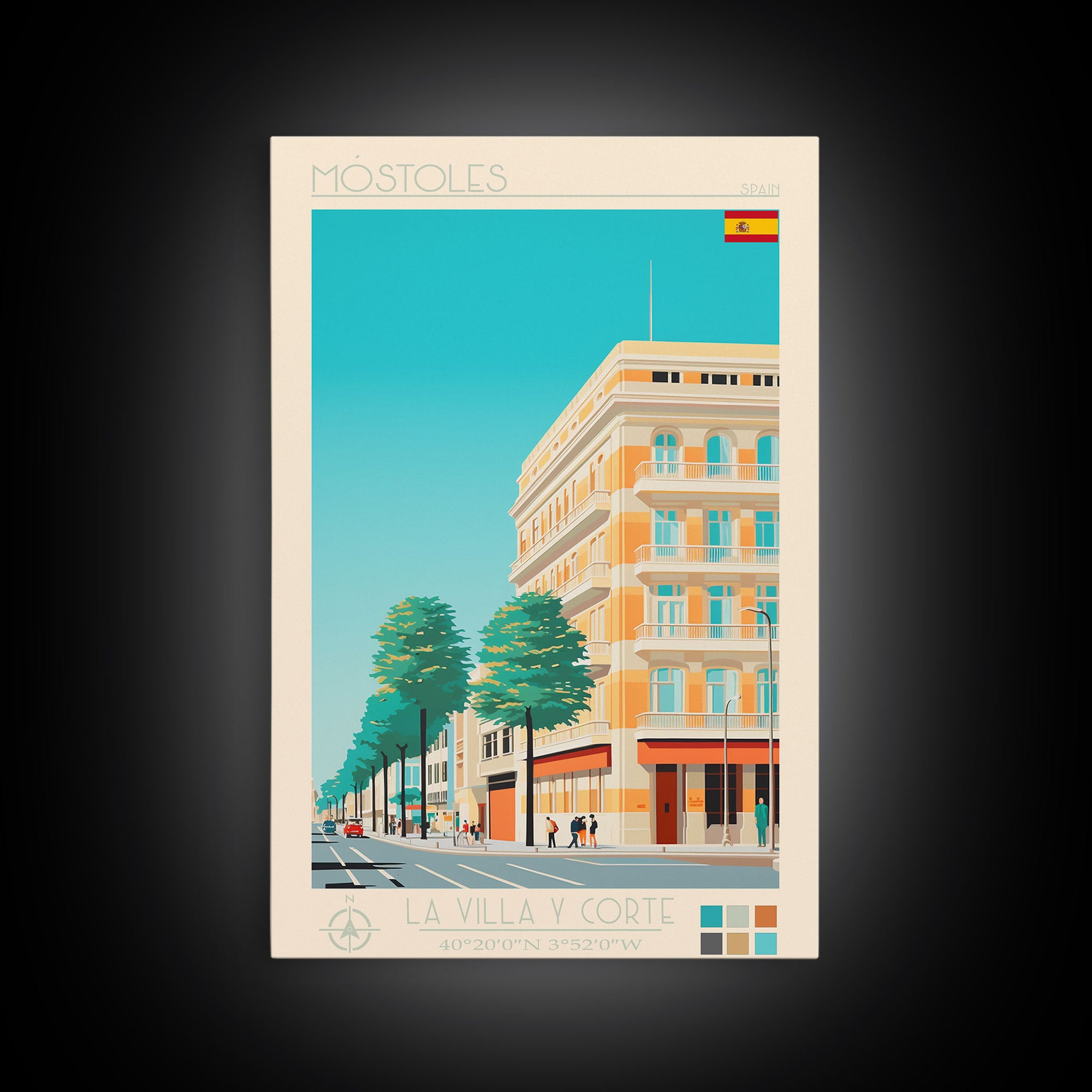 Mostoles Spain Travel Poster Framed Canvas Print, Midcentury Modern Art, Pop Art Wall Decor, Home Decor, Vacation Gift, Office Art