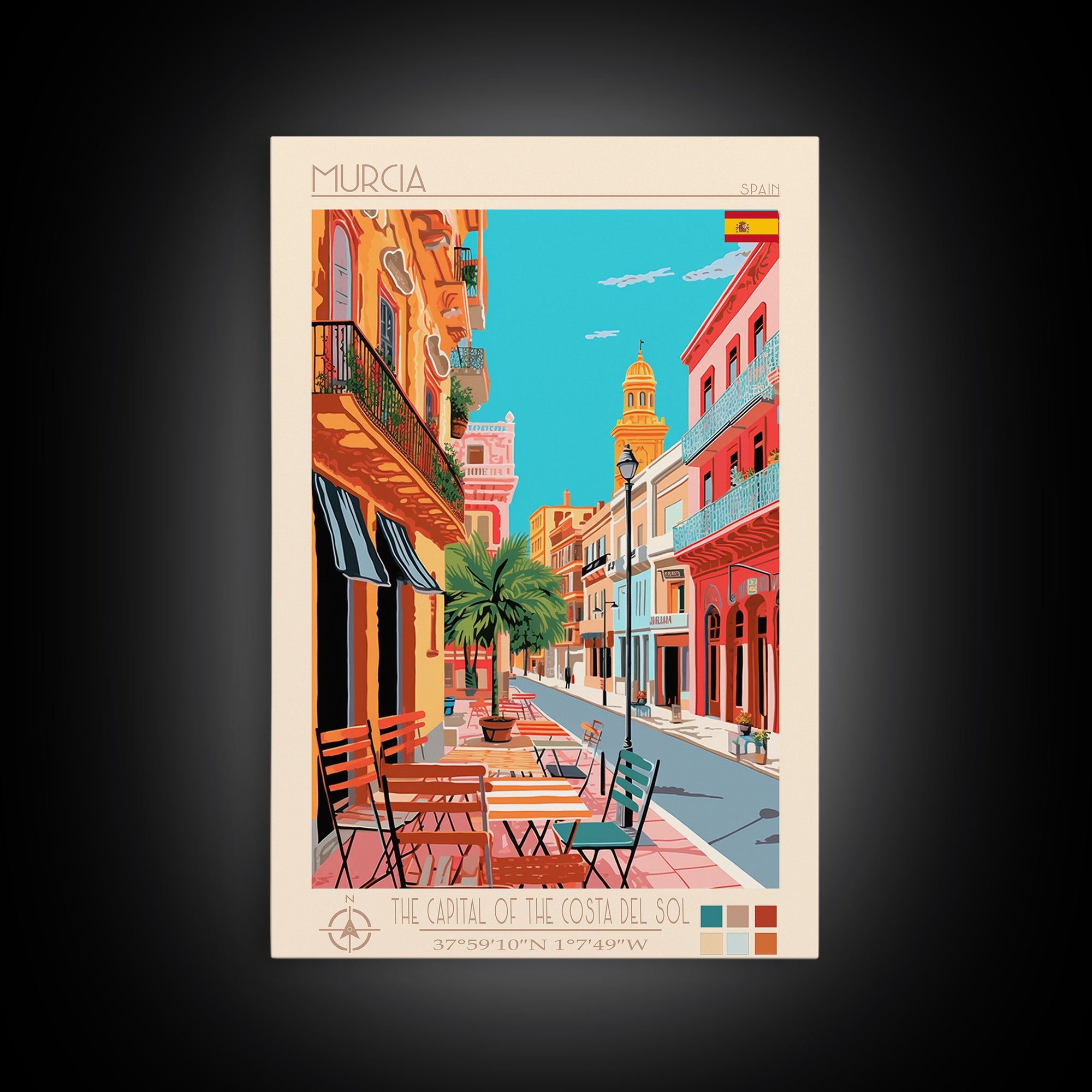 Murcia Spain Travel Poster Framed Canvas Print, Midcentury Modern Art, Pop Art Wall Decor, Scenic Wall Art, Bedroom Decoration