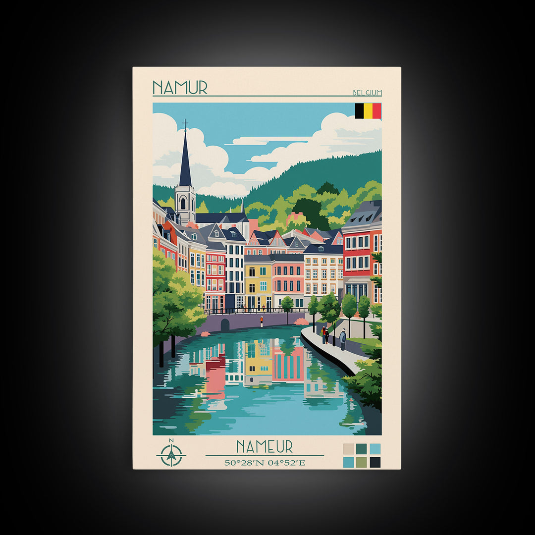 Namur Belgium Travel Poster Framed Canvas Print, Midcentury Modern Art, Pop Art Wall Decor, Scenic Wall Art, Living Room Decoration, Office Gift