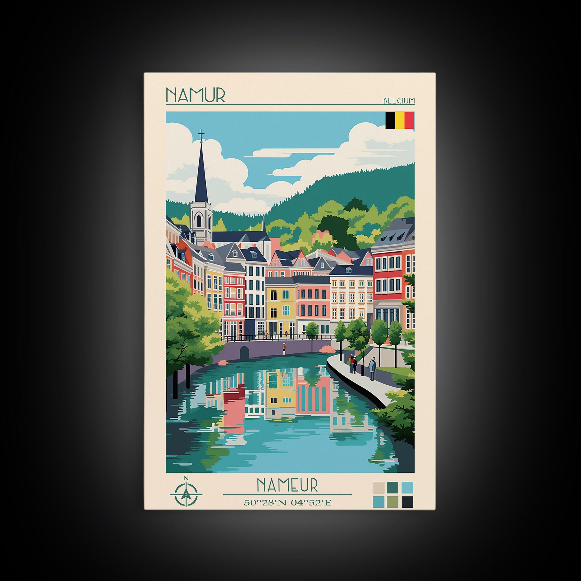 Namur Belgium Travel Poster Framed Canvas Print, Midcentury Modern Art, Pop Art Wall Decor, Scenic Wall Art, Living Room Decoration, Office Gift