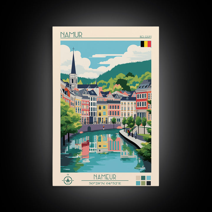 Namur Belgium Travel Poster Framed Canvas Print, Midcentury Modern Art, Pop Art Wall Decor, Scenic Wall Art, Living Room Decoration, Office Gift