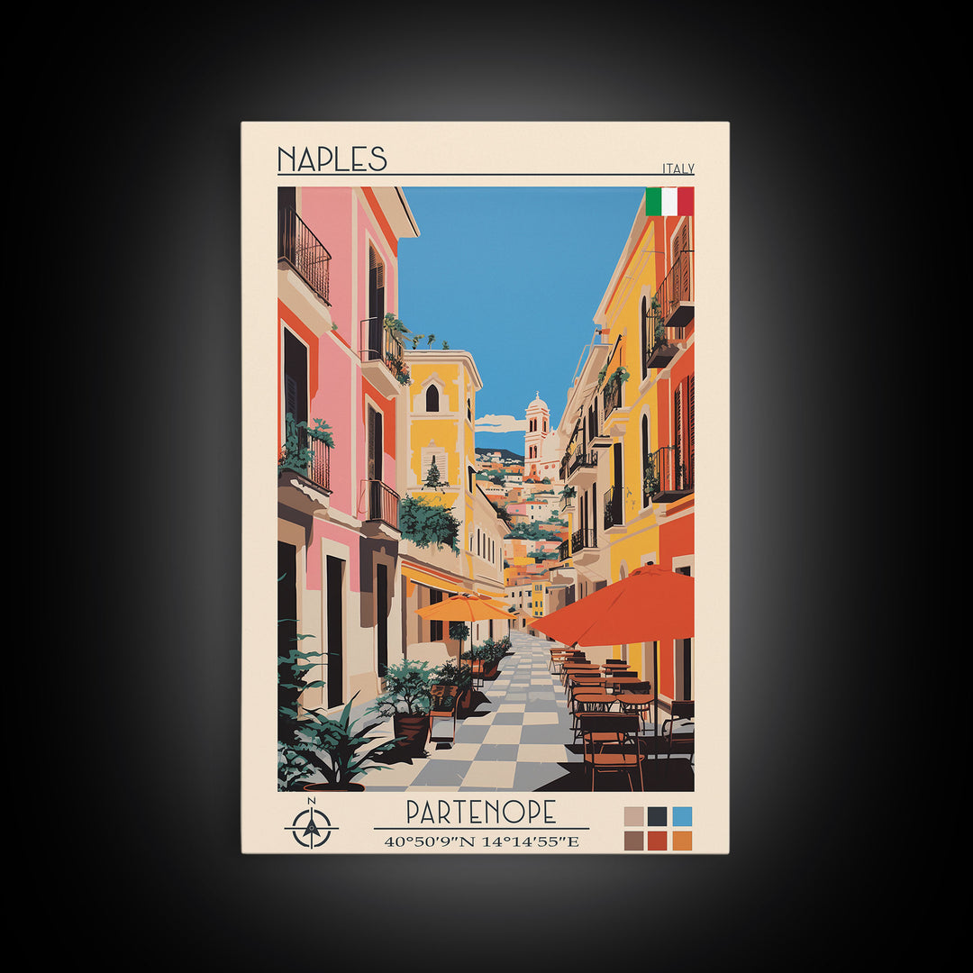 Naples Italy Travel Poster Framed Canvas Print, Midcentury Modern Art, Pop Art Wall Decor, Scenic Wall Art, Living Room Decoration, Office Art