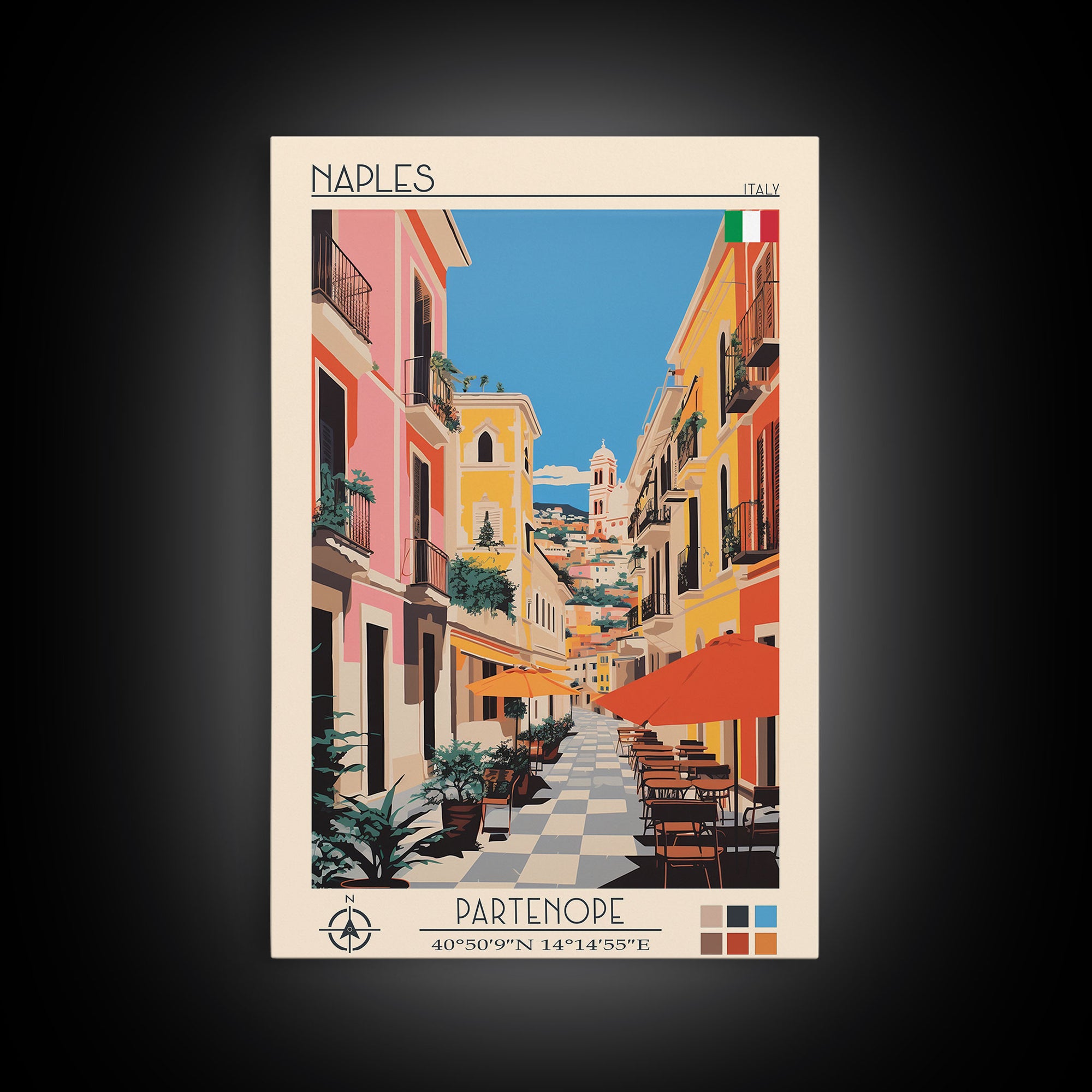 Naples Italy Travel Poster Framed Canvas Print, Midcentury Modern Art, Pop Art Wall Decor, Scenic Wall Art, Living Room Decoration, Office Art