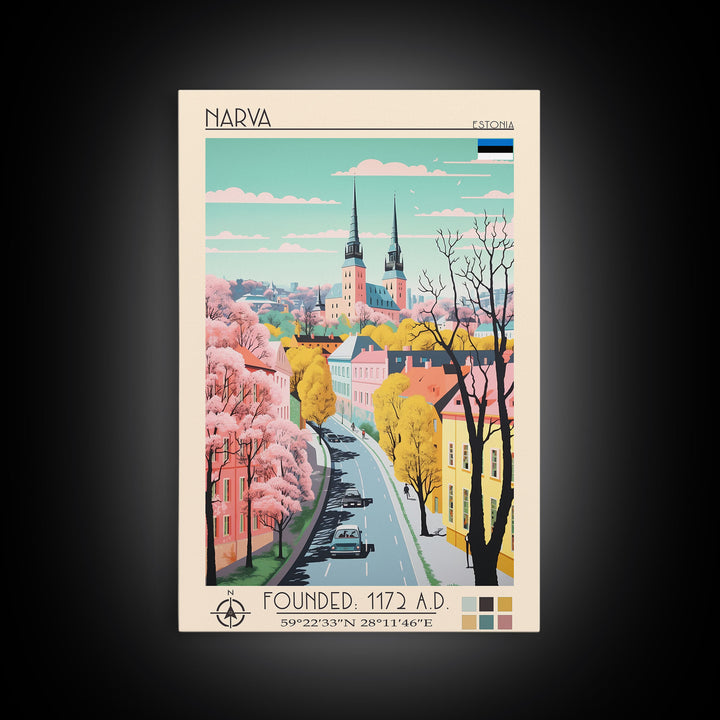 Narva Estonia Travel Poster Framed Canvas Print, Midcentury Modern Art, Pop Art Wall Decor, Scenic Bedroom Art, Office Decoration
