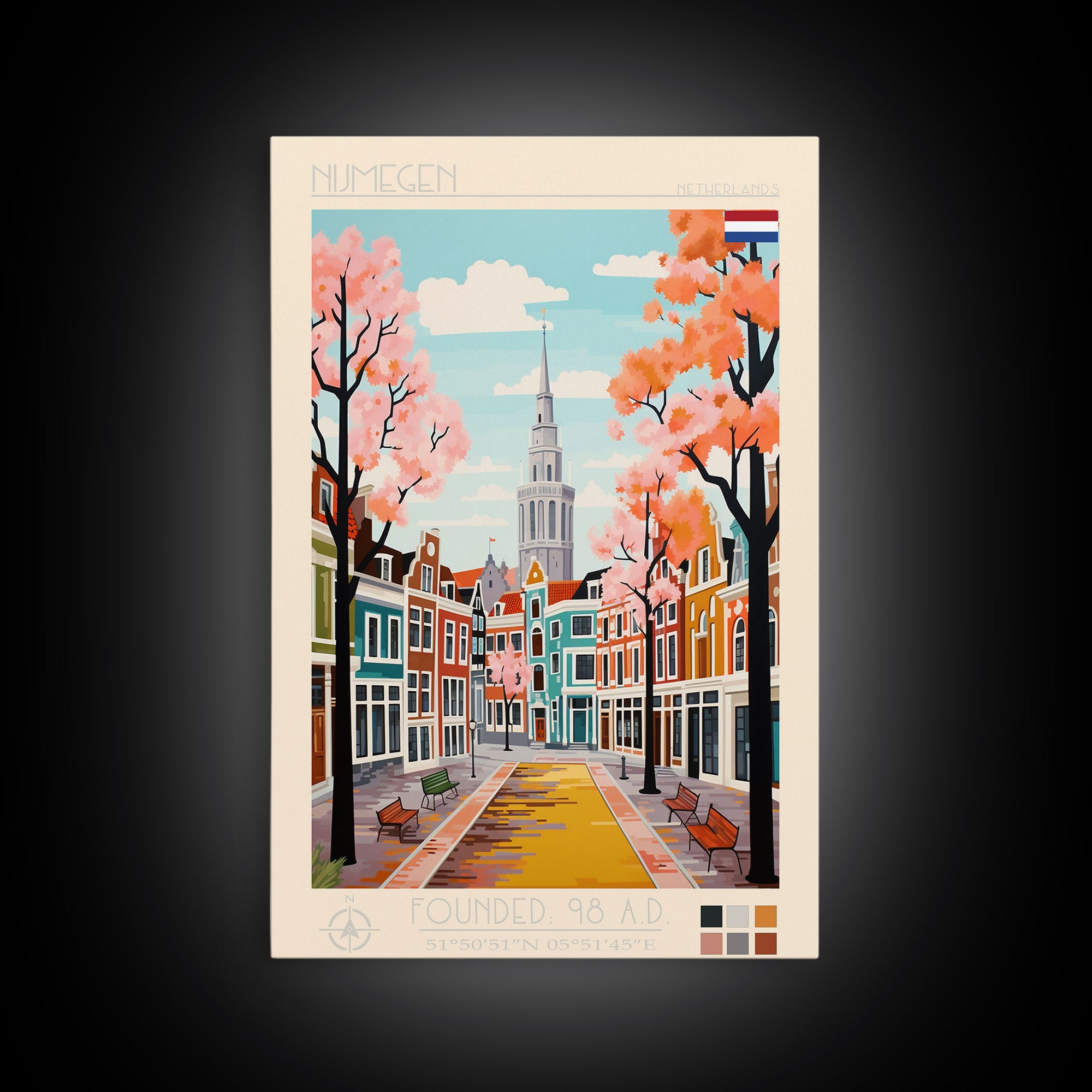 Nijmegen Netherlands Travel Poster Framed Canvas Print, Midcentury Modern Art, Pop Art Wall Decor, Scenic Living Room Art, Bedroom Gift