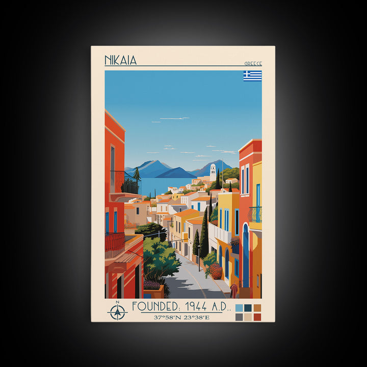 Nikaia Greece Travel Poster Framed Canvas Print, Midcentury Modern Art, Pop Art Wall Decor, Scenic Wall Art, Living Room Decoration, Office Art
